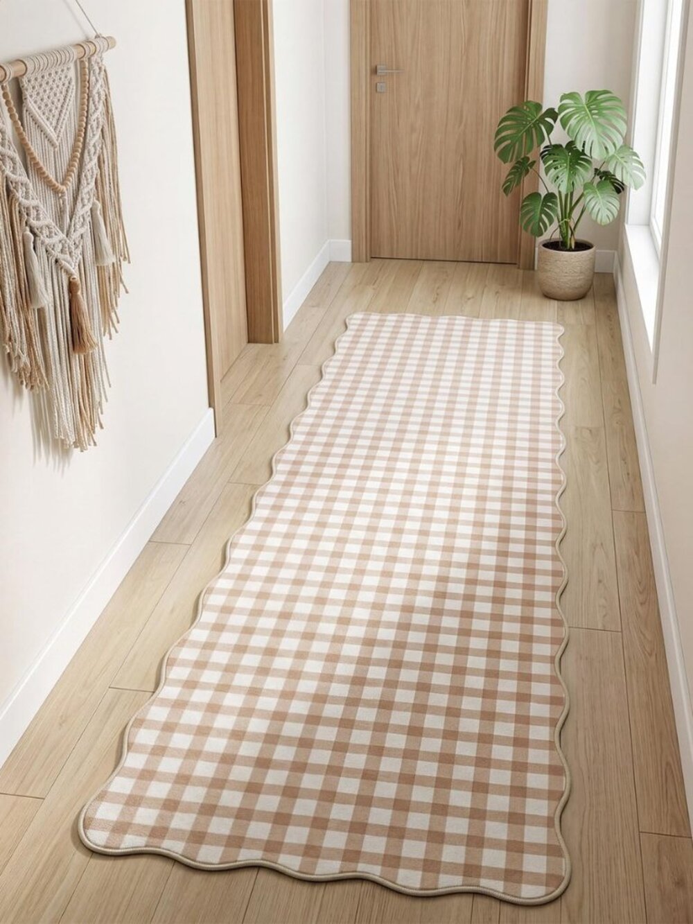 2 x 6 ft Scalloped Gingham Kitchen Rug, Khaki Plaid Hallway Runner Rug